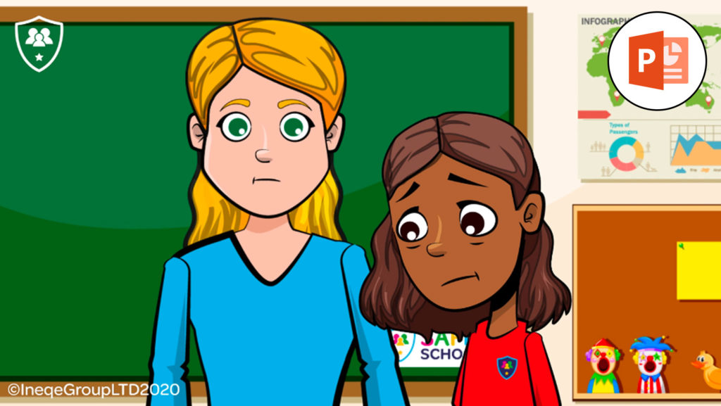 Illustration of a teacher and a young person who looks sad in a classroom