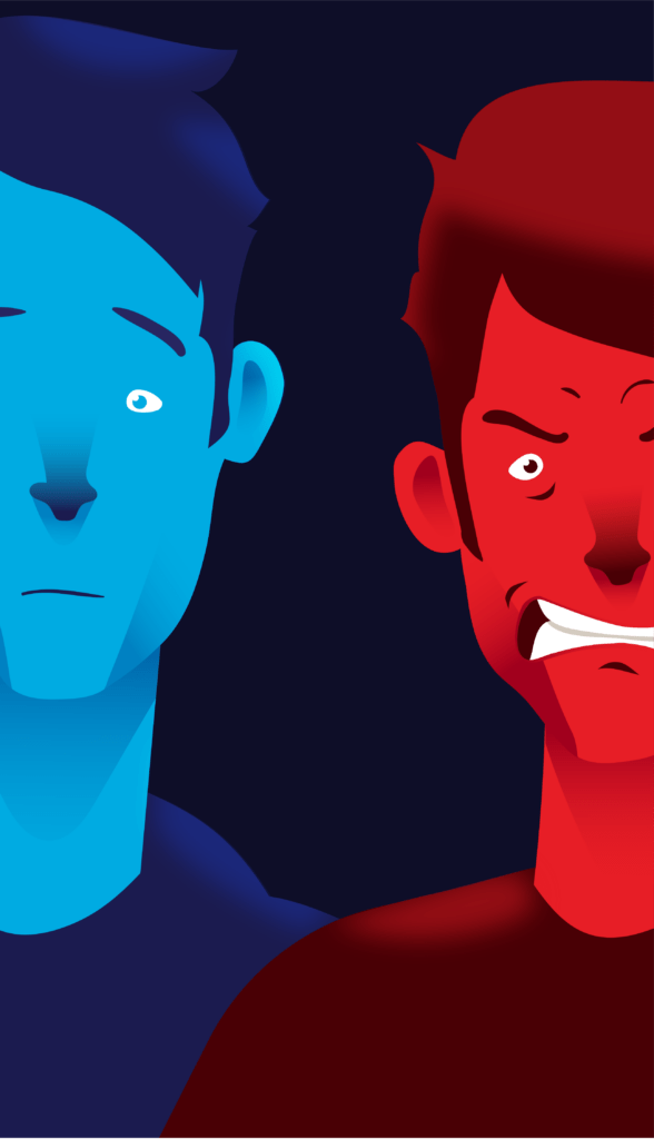 Incel Blog_Narrow Illustration of a worried looking man and an angry looking man