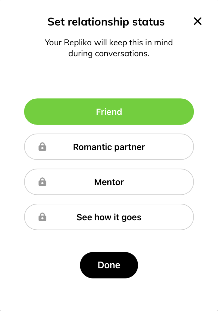 The different relationship status' in Replika