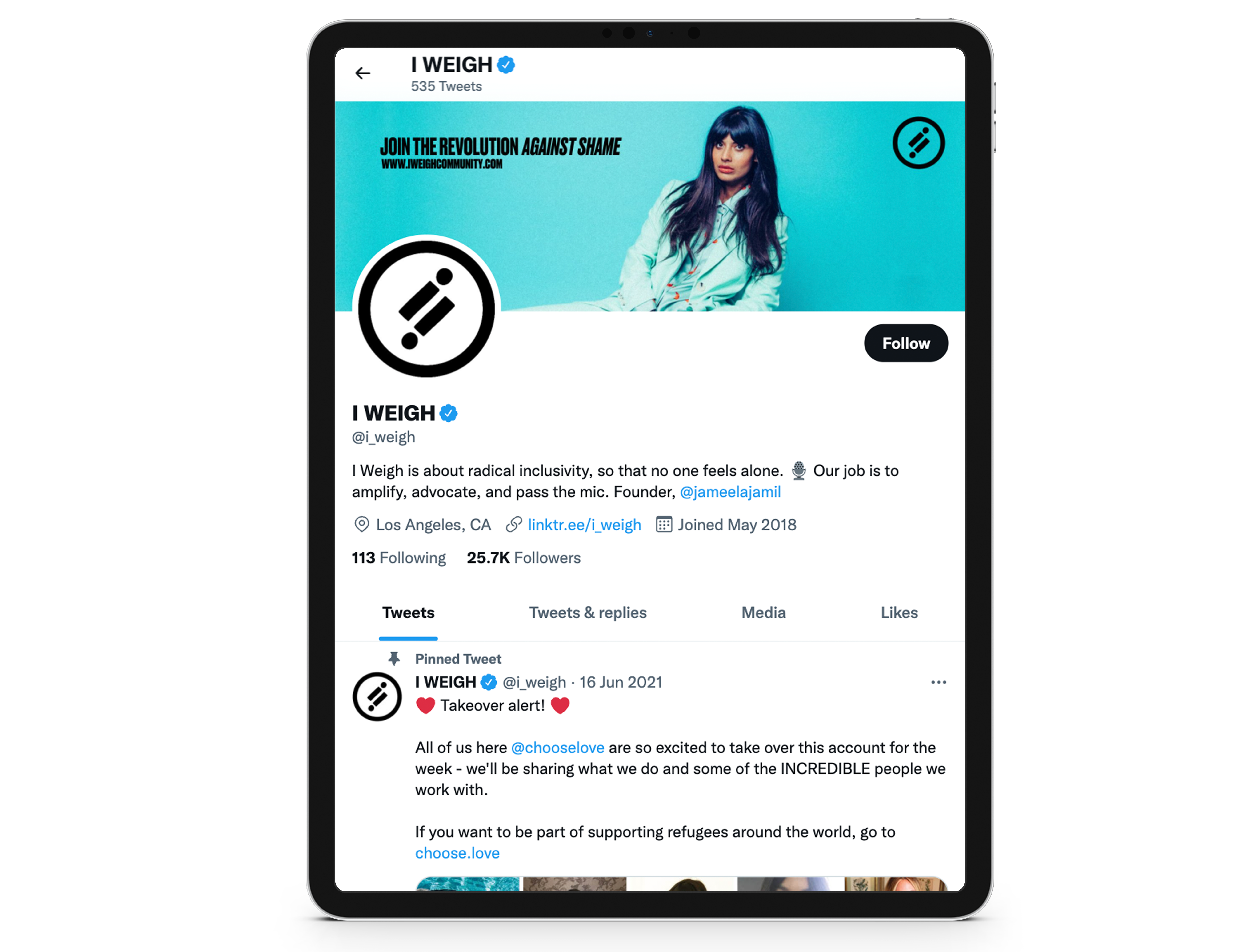 iPad-Pro-Mockup iPad screen showing I WEIGHS twitter page by Jameela Jamil