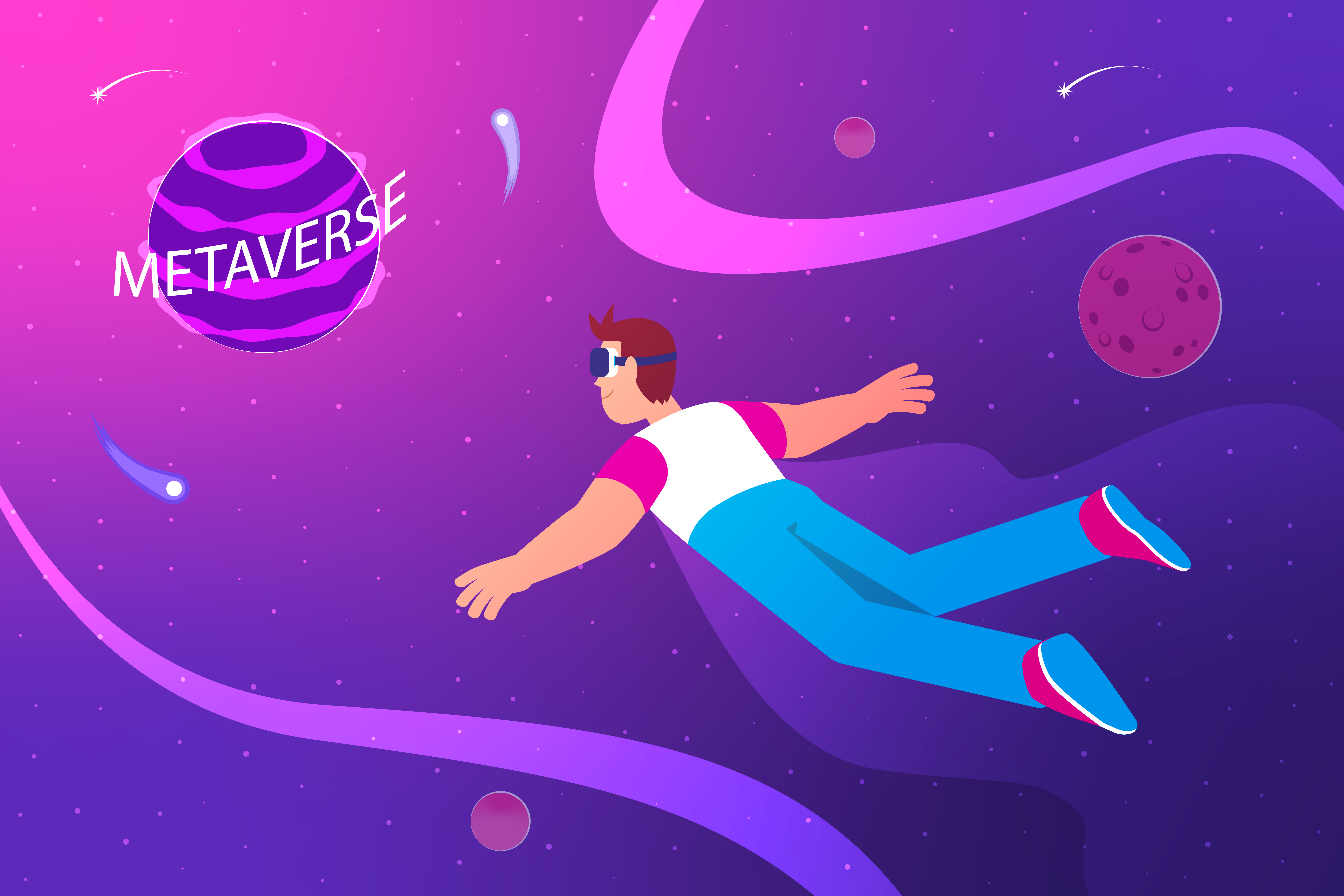 Illustration of a man traveling to the &amp;#x27;online universe&amp;#x27; with VR headset on