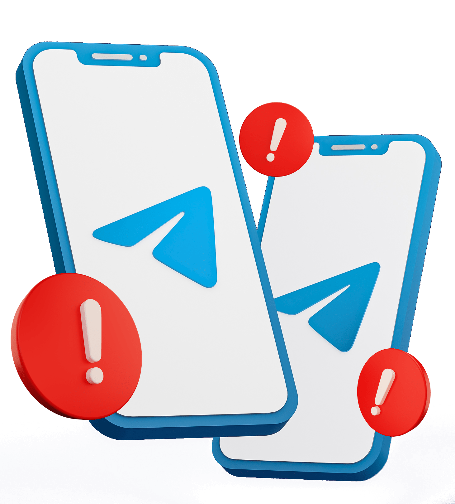 illustration of two iPhones with the Telegram app on them and warning symbols around