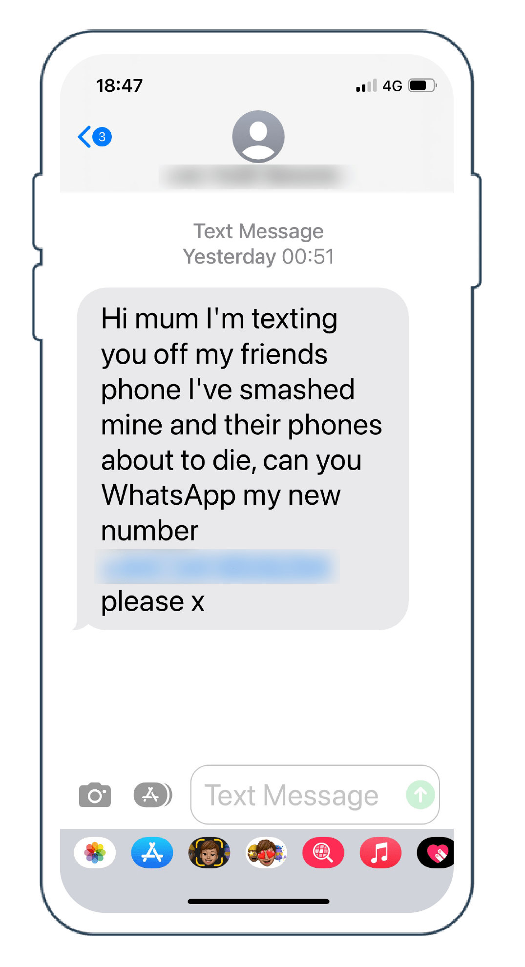 scam text message asking for mum to message their WhatsApp